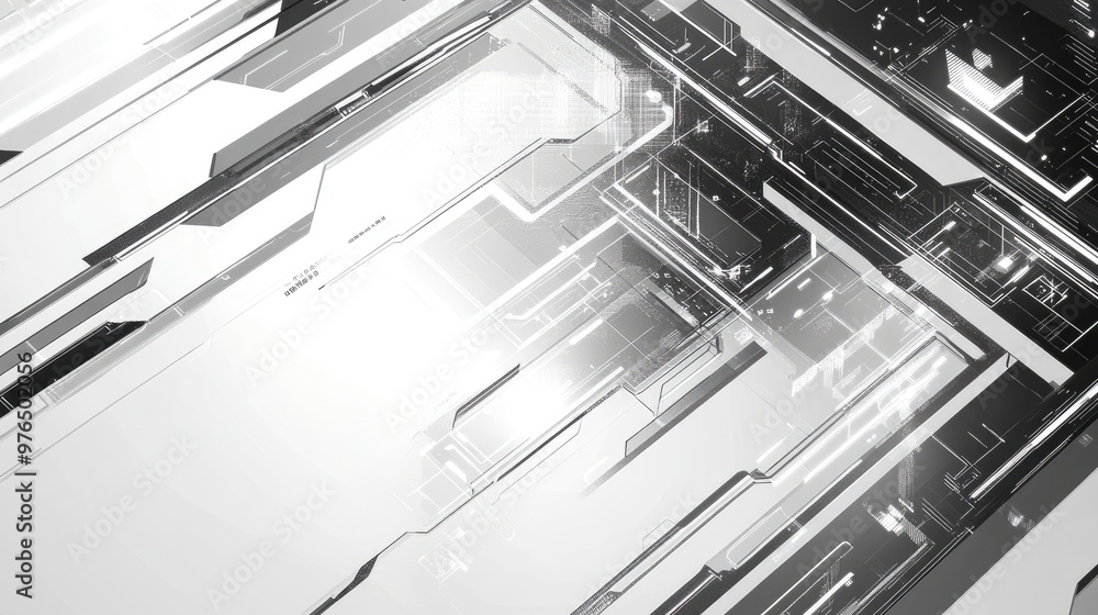 Poster sleek grey and white abstract tech background with digital interface patterns, perfect for high-tech