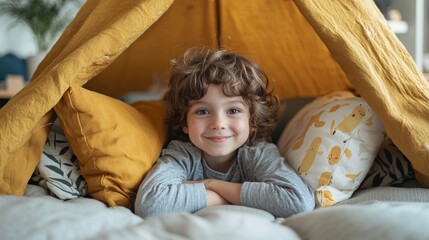 Happy Child Playing in a Tent with Pillows