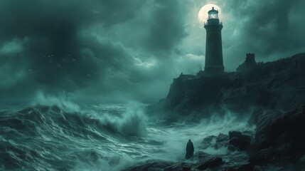 Ghostly Presence at Haunted Lighthouse on Cliff Edge under Pale Moonlight