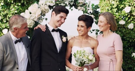 Wedding, love and family with couple at reception for romance, marriage ceremony and event. Bride, groom and support with portrait of people in outdoor for happiness, future and commitment together