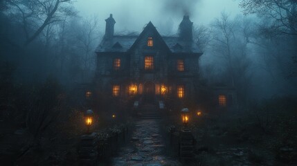Obraz premium Ghostly Victorian Haunted House on Foggy Street - Dark and Eerie Atmosphere with Overgrown Garden and Flickering Lanterns in Hyperrealistic Photography