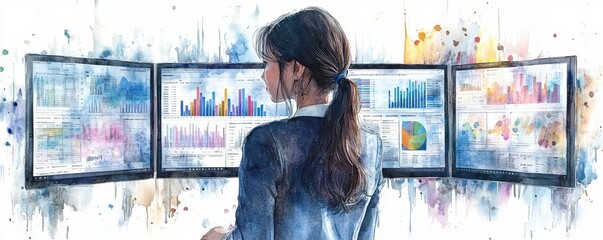 An elegant office setting where a professional woman reviews multiple monitors, each showcasing a variety of colorful data charts and graphs. The modern workspace emphasizes efficiency and strategic