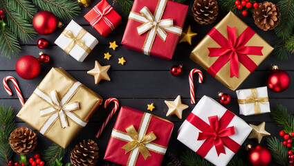  Christmas gifts, ornaments, and candy canes arranged on a dark wood background,