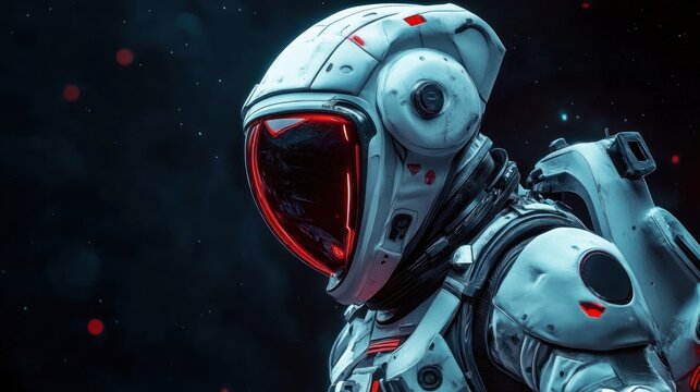 A close-up of a futuristic space suit, with an astronaut preparing for an extravehicular activity in deep space