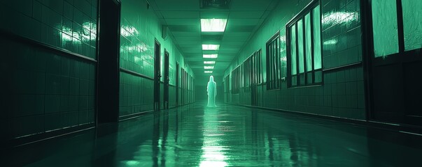 A chilling school hallway bathed in an eerie, muted light. A translucent figure appears to float near the end of the corridor, its ghostly presence creating a haunting and suspenseful atmosphere.