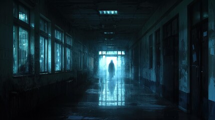 A foreboding school hallway with a ghostly figure partially emerging from the darkness. The dim, flickering lights and neglected surroundings enhance the sense of eerie mystery and spectral presence.