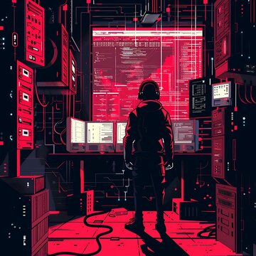 Cyberpunk futuristic tunnel with human figure and binary code.