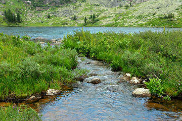 A small stream with a rocky bottom and tall grass along the banks flows out of a wide lake surrounded by high mountains on a sunny summer day.