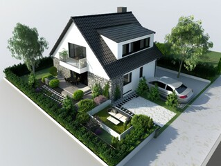 modern two-story family home, with a gable roof, a small terrace, and light grey stone walls. It captures the serene setting amidst lush greenery.