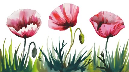 painting of a poppies in watercolor. Flowers isolated against a white background. Paintings of a set of pink and crimson poppies. Hand-painted watercolor flowery background with flowers View Less

