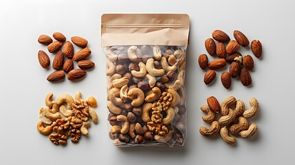 7. A minimalist image with a white background featuring a resealable bag of mixed nuts, positioned in the center