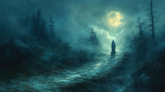Mysterious Spectral Figure on Dark Foggy Road in Enchanted Forest under Moonlight
