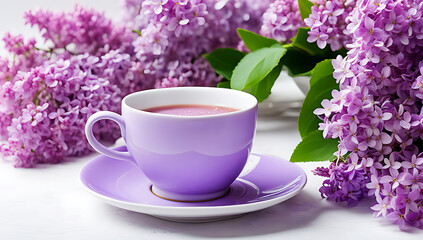 a pastel color ceramic cup and saucer set, surrounded by a lush arrangement of lilac flowers, which are in full bloom