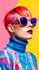 Portrait of a Woman with Pink Hair and Sunglasses Against a Bright Background