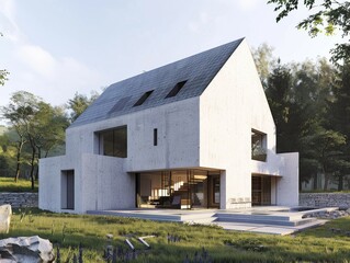 modern two-story family home, with a gable roof, a small terrace, and light grey stone walls. It captures the serene setting amidst lush greenery.