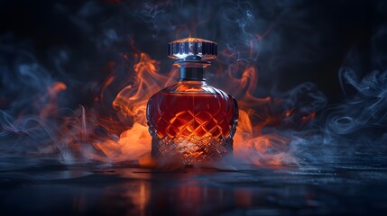 13. Capture sophistication with this striking image. A beautifully designed perfume bottle, surrounded by dramatic smoke, set against a deep black background, exudes an air of luxury and mystery