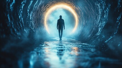 Man walks towards glowing portal in a dark tunnel.