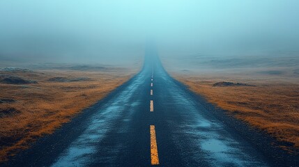 Empty road disappearing into a foggy horizon, suggesting a journey ahead.