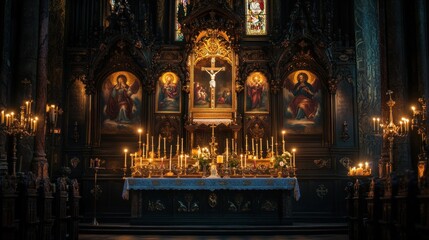 Obraz premium A close-up of an ornate altar in a historic cathedral, with candles, religious icons, and intricate carvings
