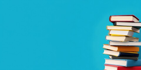 A neatly stacked pile of books against a bright blue background, representing education, knowledge, and the endless possibilities found within reading and literature.