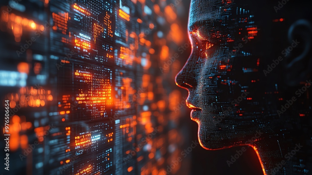 Poster binary stock market data being processed inside a robotic brain, ai data processing, digital financi