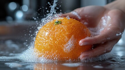 Fototapeta premium Close-Up of Hand Washing an Orange with Water Splashes and Drops on White Background, High-Resolution Photography for Commercial Advertising Design
