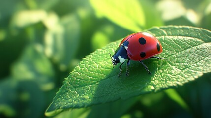 Fototapeta premium Ladybug on a Dew-Covered Leaf