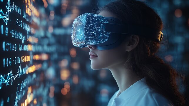 Woman wearing VR headset interacting with digital data.
