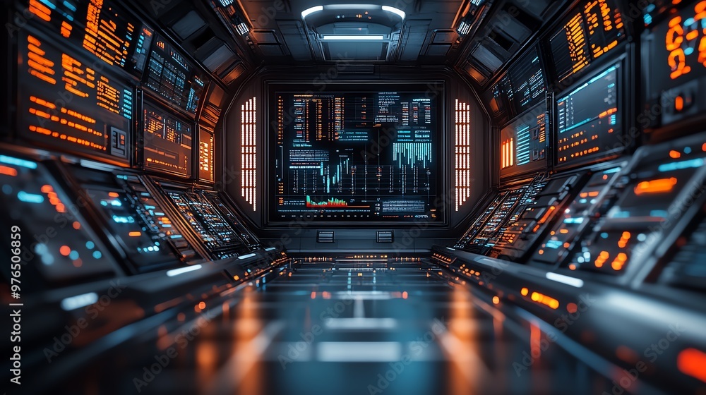 Poster holographic trading floor with robots analyzing real-time stock data, advanced technology, automatio