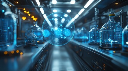 High-tech laboratory with holographic molecular models floating in mid-air, futuristic biotech facility