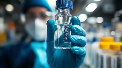 Closeup of a scientist's gloved hand holding a small glass vial filled with a clear liquid.