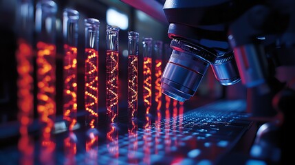 Microscope image of modified DNA strands displayed on advanced digital equipment in a biotech lab