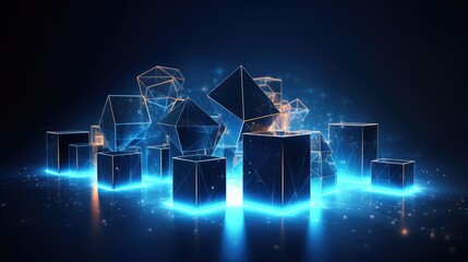Fototapeta premium Abstract 3D geometric shapes with glowing lines and reflections on a dark background.