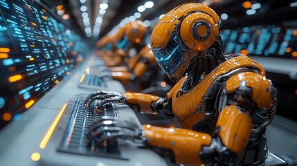 Multiple robotic arms rapidly typing on keyboards in a futuristic trading room, speed, high-frequency trading in the digital age