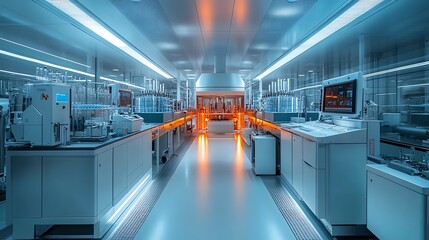 Sterile biotech lab with automated machines producing synthetic biological materials, high-tech environment