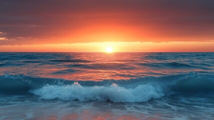 A stunning sunset over the calm ocean, with vibrant colors reflecting on the water and gentle waves lapping at the shore.