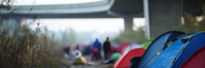 Fototapeta premium Tents pitched under a bridge in a makeshift camp, with people visible, symbolizing the realities of urban living and homelessness, highlighting resilience and community.