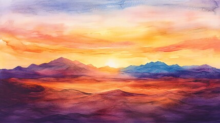 Obraz premium Watercolor painting of a sunset over a mountain range with a warm, colorful sky.