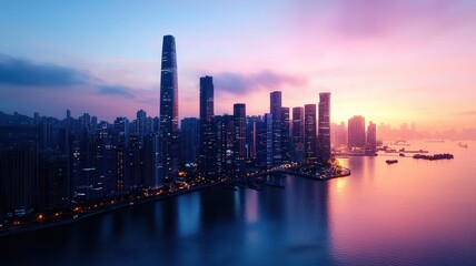 Fototapeta premium Breathtaking cityscape at sunset, featuring modern skyscrapers reflected in water, creating a stunning urban panorama.