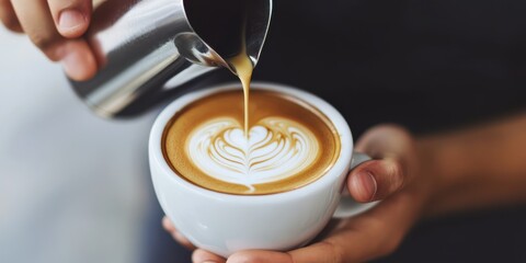 A close-up of a barista pouring milk into a cup of coffee to create a beautiful, intricate design on the latte's surface, highlighting the artistry and skill in coffee making.