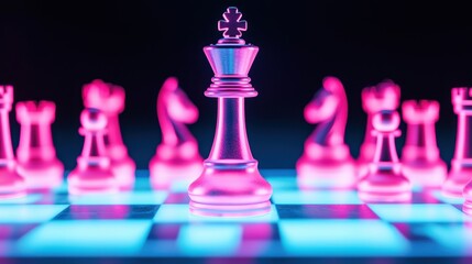A chess board with a pink king in the middle