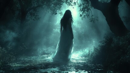 Enigmatic Ghostly Woman in White Dress Roaming Dark Forest at Moonlight with Eerie Shadows - Haunting and Ethereal Atmosphere