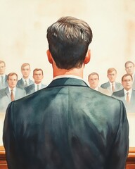 Vibrant watercolor of a public defender passionately advocating for their client