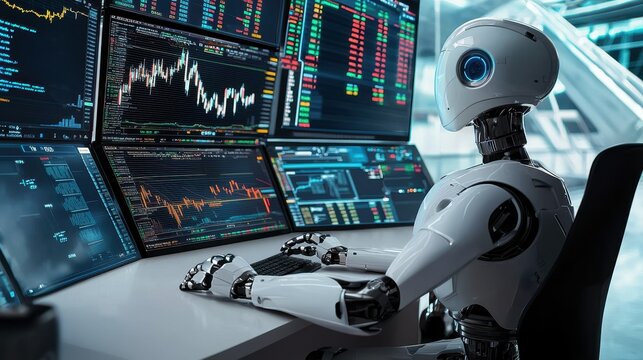 A robot is sitting at a computer desk with a keyboard and a monitor