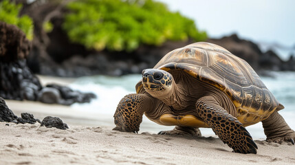 Obraz premium A giant tortoise with a textured shell walks on a sandy beach near the ocean, surrounded by lush green vegetation and rocky formations.