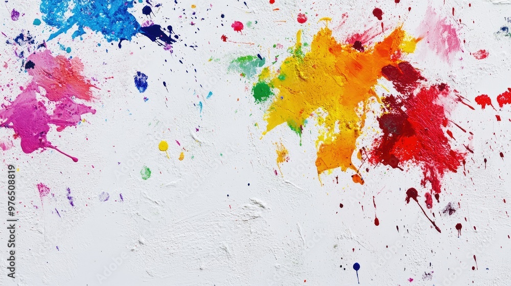 Poster abstract image of multicolored holi paint splatters on a white wall, creating an artistic and energe