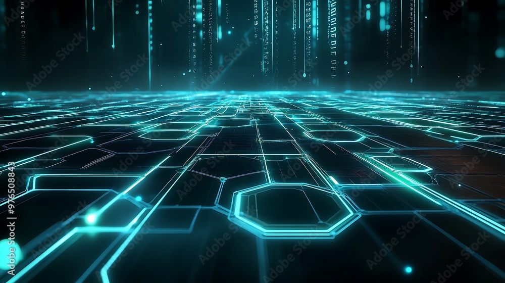 Poster Abstract digital background with glowing turquoise lines and shapes