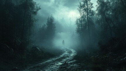 Naklejka premium Eerie Spectral Figure on Dark Foggy Road through Enchanted Forest