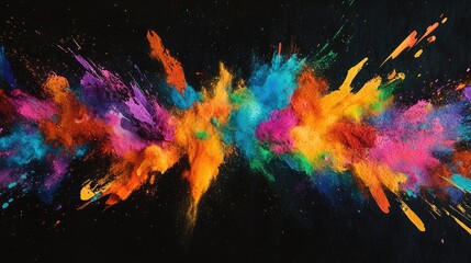 Artistic splash of Holi watercolors against a black background, creating a burst of festive hues in motion.