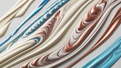 Abstract Swirls of Liquid Paint in Blue, White, and Copper Tones